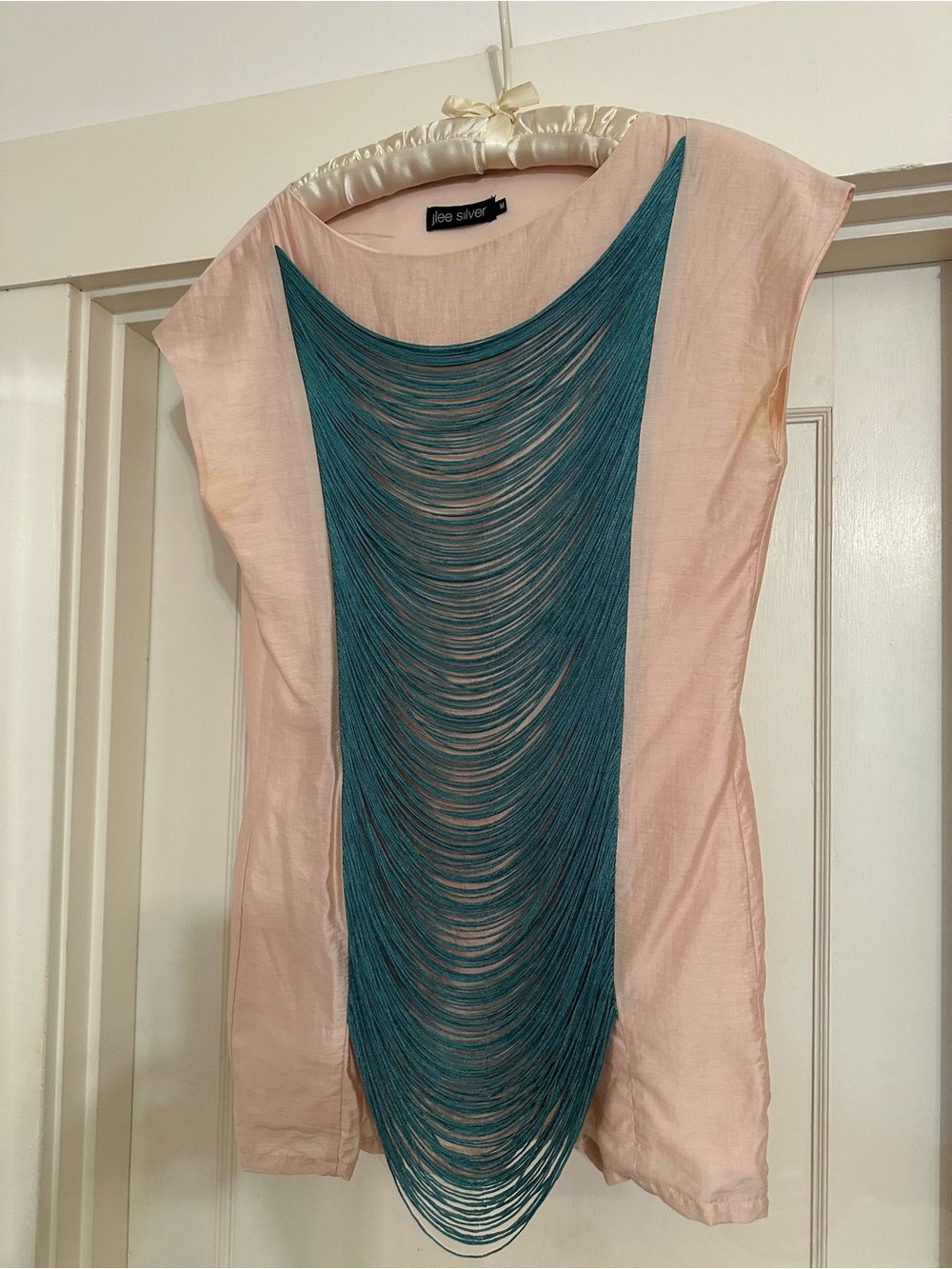 Blush Pink Cap-Sleeve Top with Teal Draped Fringe